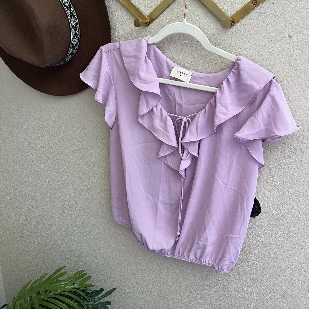 Everly Lavender Purple Ruffle Cottagecore Cropped Blouse Shirt Top Ladylike